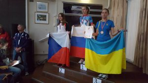 Призёры соревнований в спринте (группа Ж16): Trpakova Daniela (Чехия), Садофьева Евдокия (Россия), Тыха Лилия (Украина)